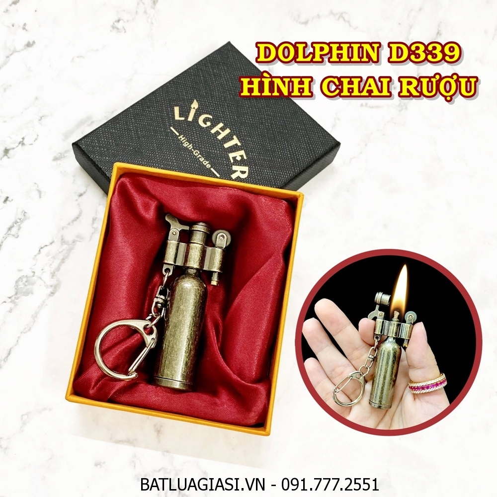 BẬT LỬA MÓC KHÓA DOLPHIN XĂNG ĐÁ CỔ HÌNH CHAI RƯỢU D339 (KIM LOẠI) (CÓ HỘP) - (XÀI XĂNG)