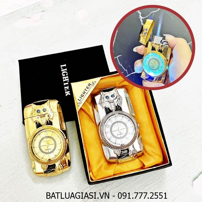 BẬT LỬA KHÈ - ĐỒNG HỒ 2IN1 HÌNH CHÓ SÓI - CÓ ĐÈN LED (CÓ HỘP) - (XÀI GAS)