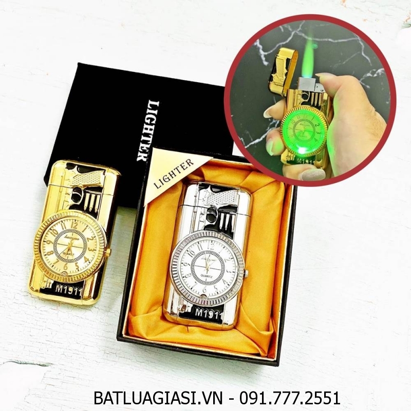 BẬT LỬA KHÈ - ĐỒNG HỒ 2IN1 HÌNH SÚNG - CÓ ĐÈN LED (CÓ HỘP) - (XÀI GAS)