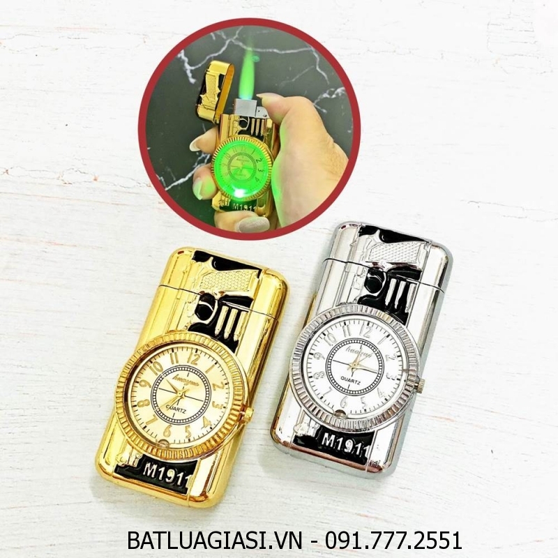 BẬT LỬA KHÈ - ĐỒNG HỒ 2IN1 HÌNH SÚNG - CÓ ĐÈN LED - (XÀI GAS)