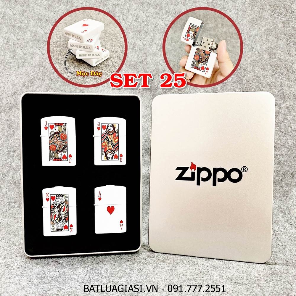 BỘ 4 BẬT LỬA ZIPPO 2 MẶT HÌNH LÁ BÀI \