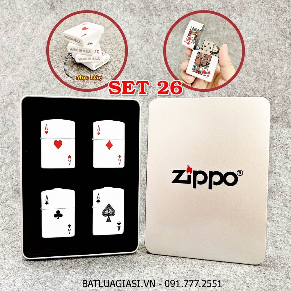 BỘ 4 BẬT LỬA ZIPPO 2 MẶT HÌNH LÁ BÀI \