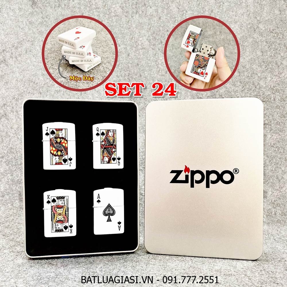 BỘ 4 BẬT LỬA ZIPPO 2 MẶT HÌNH LÁ BÀI \