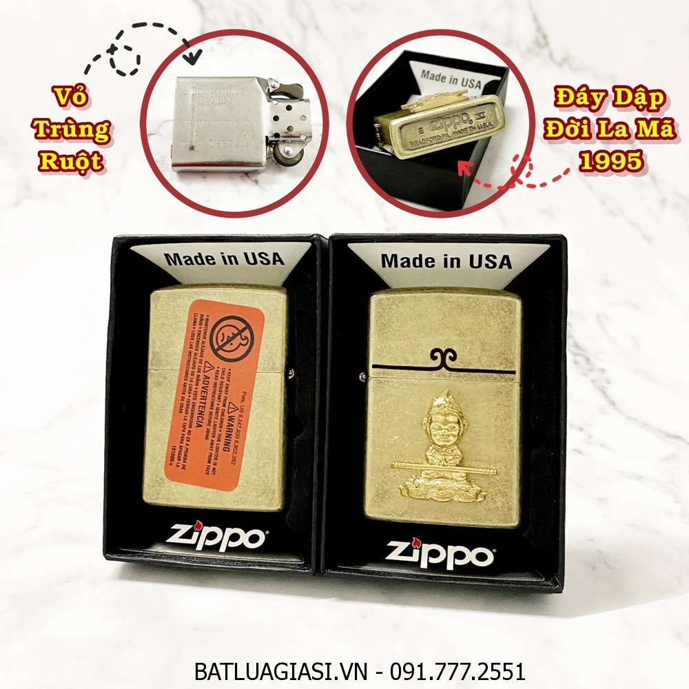 BẬT LỬA ZIPPO MỸ VÀNG CỔ HÌNH NỔI TÔN NGỘ KHÔNG \