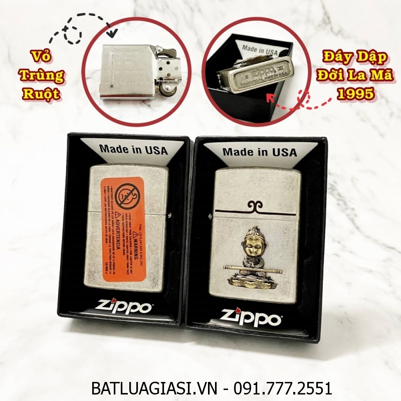 BẬT LỬA ZIPPO MỸ BẠC CỔ HÌNH NỔI TÔN NGỘ KHÔNG \