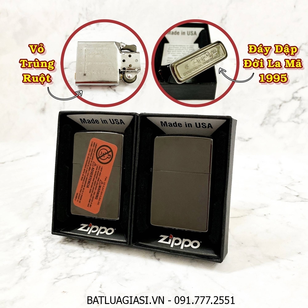 BẬT LỬA ZIPPO MỸ TRƠN BÓNG - ĐỜI LA MÃ 1995 - RUỘT USA (CÓ TEM ĐỎ) - (XÀI XĂNG) #ĐEN