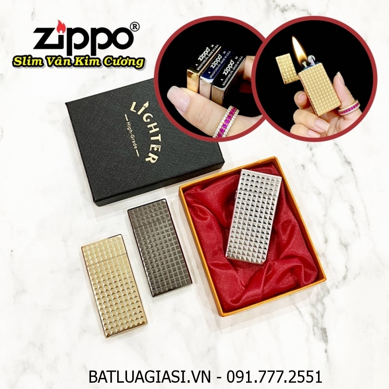 BẬT LỬA ZIPPO SLIM VÂN KIM CƯƠNG (CÓ HỘP) - (XÀI XĂNG)