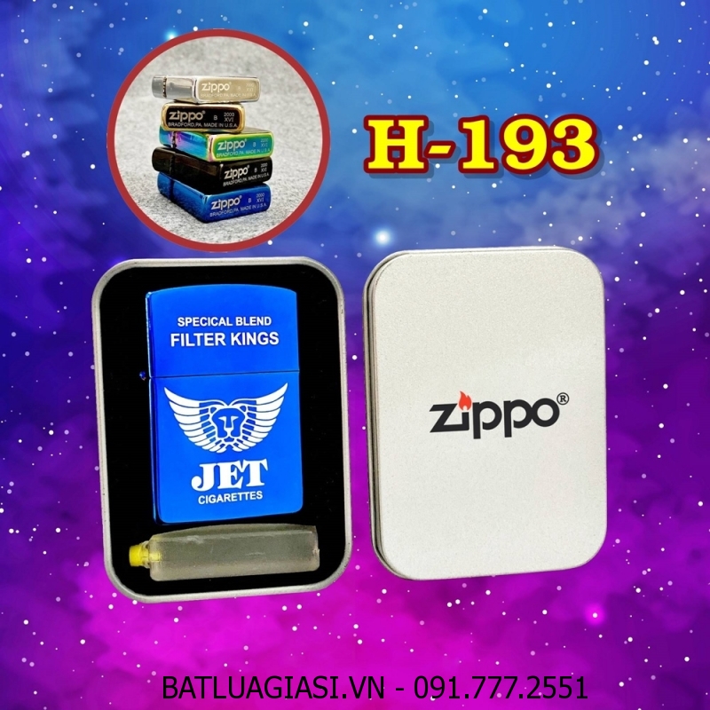 BẬT LỬA ZIPPO TRƠN BÓNG HÌNH GÓI THUỐC LÁ JET (CÓ MỘC ĐÁY) (HỘP THIẾC KÈM XĂNG) H-193 XANH