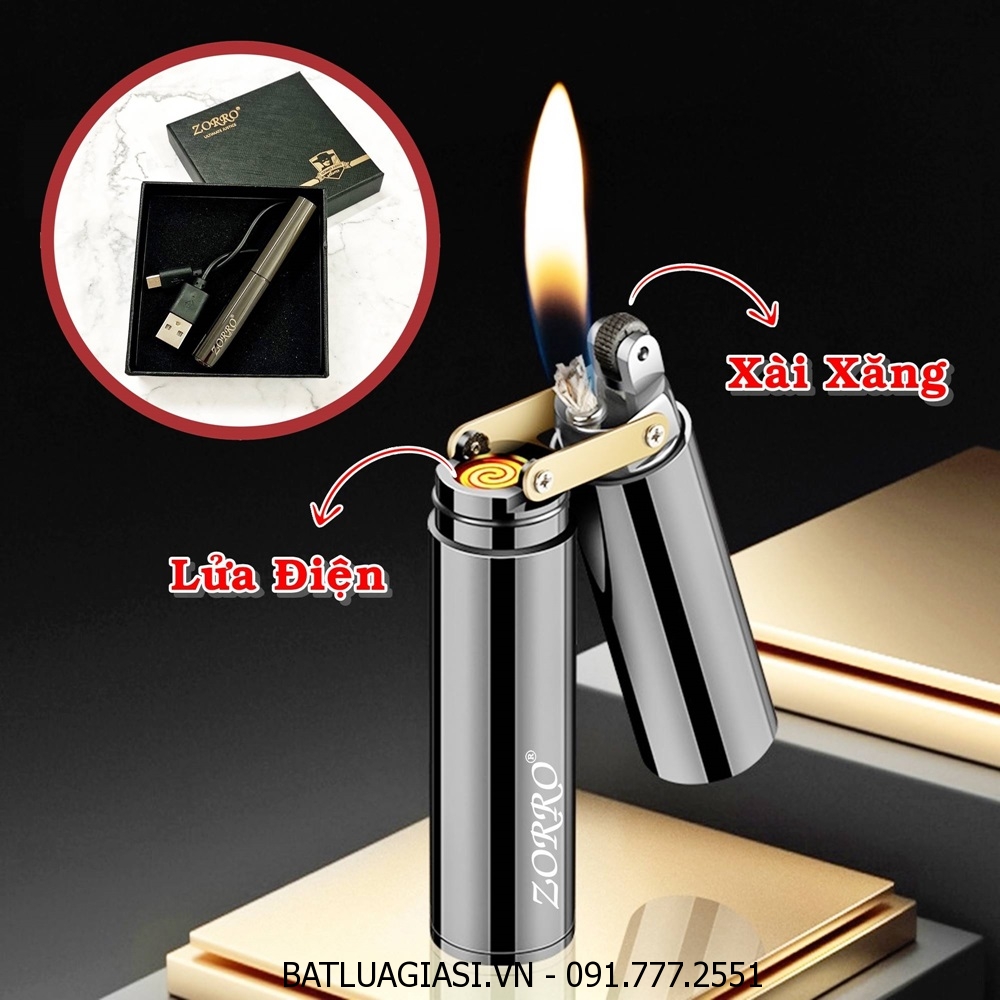 BẬT LỬA ZORRO CÔN NHỊ KHÚC 2 CHẾ ĐỘ LỬA (CHIẾT HOẢ TỬ + XĂNG ĐÁ) (FULLBOX) - (SẠC ĐIỆN - XÀI XĂNG) #ĐEN