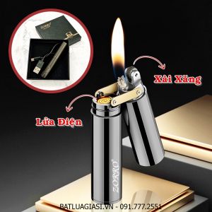 BẬT LỬA ZORRO CÔN NHỊ KHÚC 2 CHẾ ĐỘ LỬA (CHIẾT HOẢ TỬ + XĂNG ĐÁ) (FULLBOX) - (SẠC ĐIỆN - XÀI XĂNG) #ĐEN
