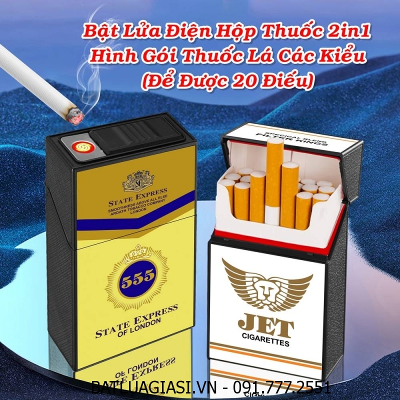 BẬT LỬA ĐIỆN HỘP THUỐC 2IN1 HÌNH GÓI THUỐC LÁ 555 (ĐỂ ĐƯỢC 20 ĐIẾU THUỐC) (FULLBOX) - (SẠC ĐIỆN)