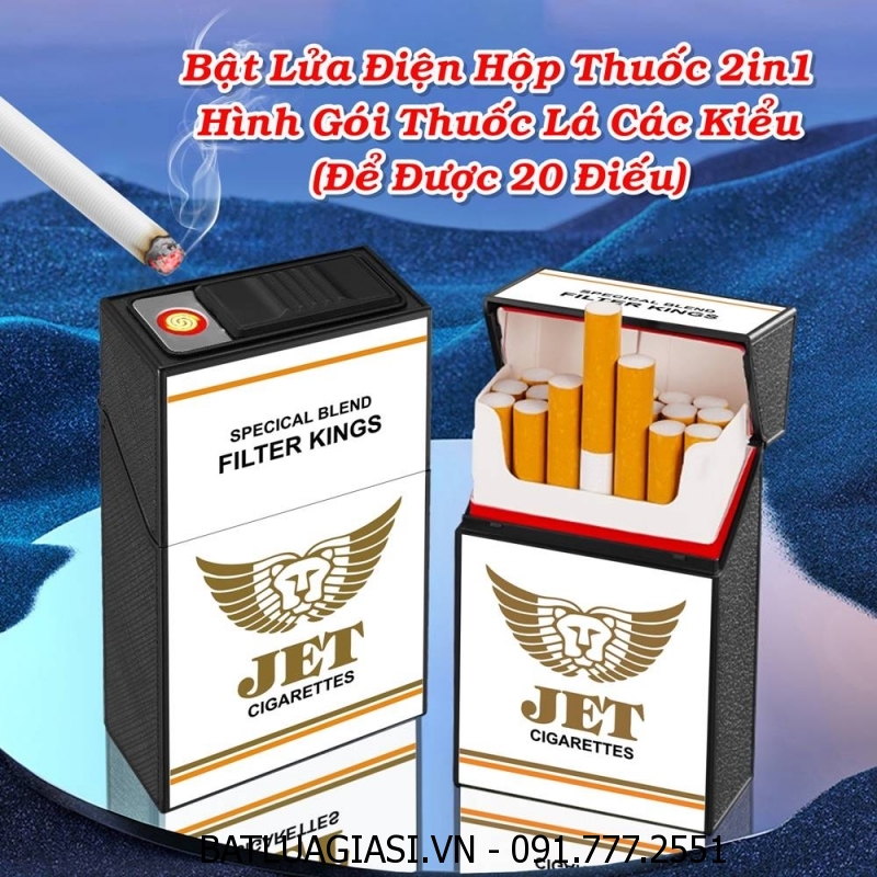 BẬT LỬA ĐIỆN HỘP THUỐC 2IN1 HÌNH GÓI THUỐC LÁ JET (ĐỂ ĐƯỢC 20 ĐIẾU THUỐC) (FULLBOX) - (SẠC ĐIỆN)