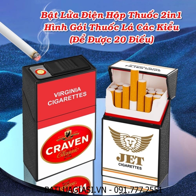 BẬT LỬA ĐIỆN HỘP THUỐC 2IN1 HÌNH GÓI THUỐC LÁ CON MÈO ĐỎ CRAVEN (ĐỂ ĐƯỢC 20 ĐIẾU THUỐC) (FULLBOX) - (SẠC ĐIỆN)