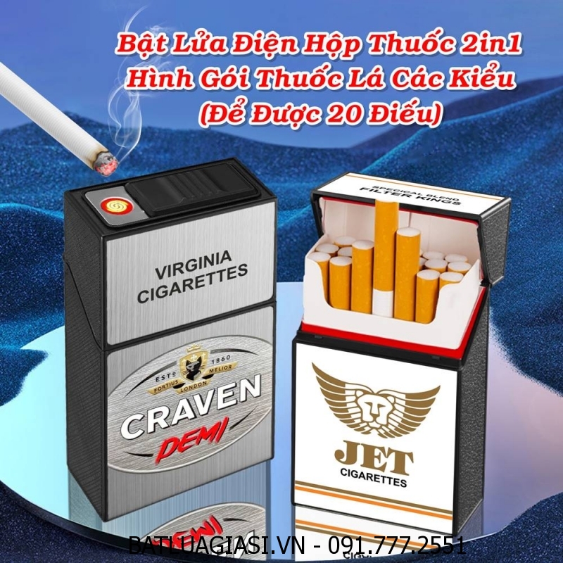 BẬT LỬA ĐIỆN HỘP THUỐC 2IN1 HÌNH GÓI THUỐC LÁ CON MÈO BẠC CRAVEN DEMI (ĐỂ ĐƯỢC 20 ĐIẾU THUỐC) (FULLBOX) - (SẠC ĐIỆN)