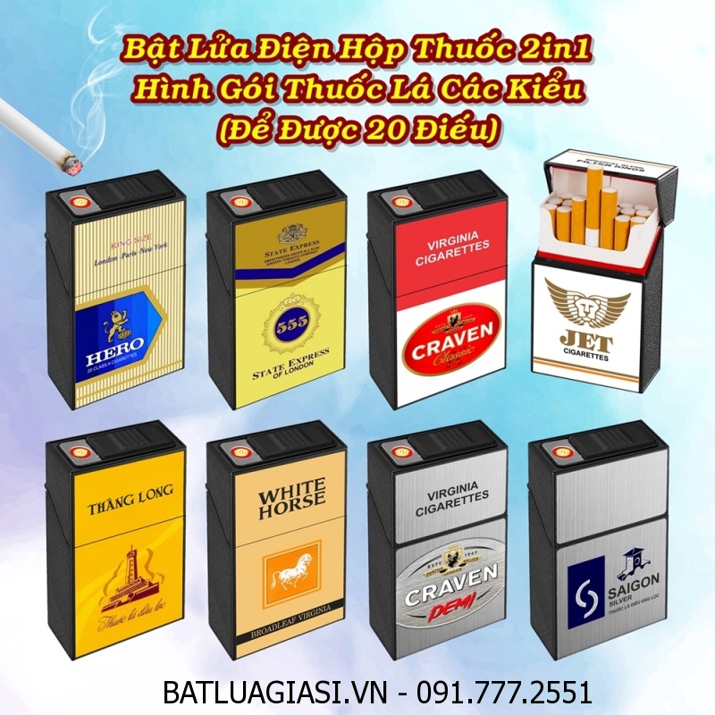 BẬT LỬA ĐIỆN HỘP THUỐC 2IN1 HÌNH GÓI THUỐC LÁ CÁC KIỂU (ĐỂ ĐƯỢC 20 ĐIẾU THUỐC) (FULLBOX) - (SẠC ĐIỆN)