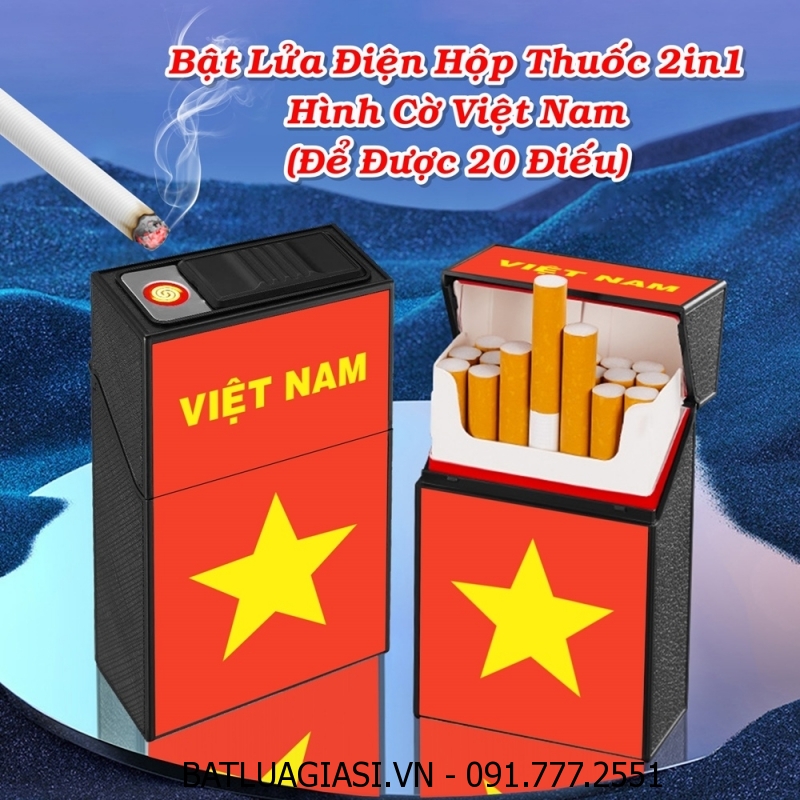 BẬT LỬA ĐIỆN HỘP THUỐC 2IN1 HÌNH CỜ VIỆT NAM - CỜ ĐỎ SAO VÀNG (ĐỂ ĐƯỢC 20 ĐIẾU THUỐC) (FULLBOX) - (SẠC ĐIỆN)