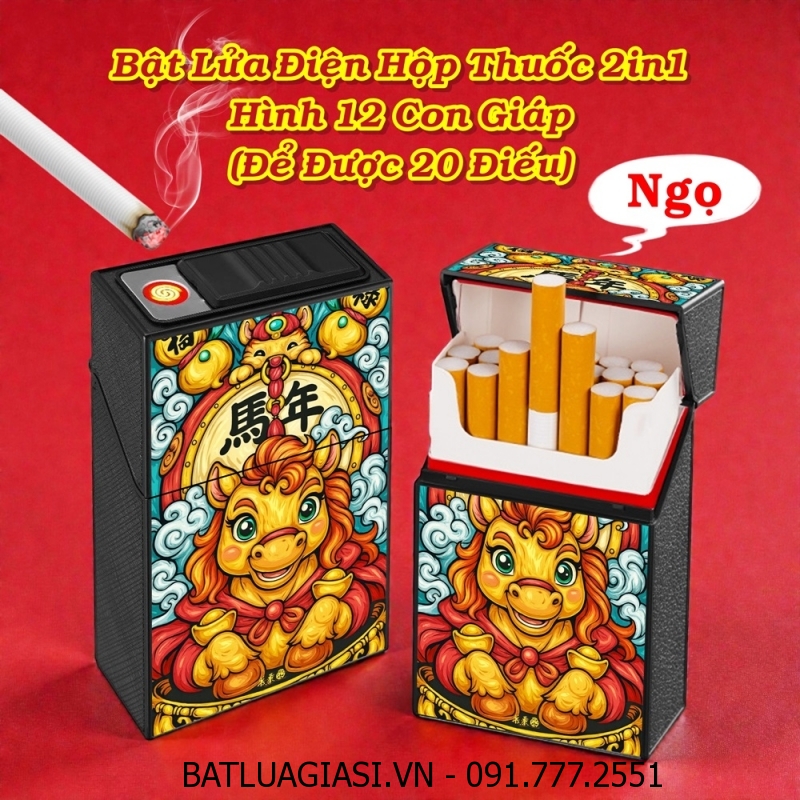 BẬT LỬA ĐIỆN HỘP THUỐC 2IN1 HÌNH 12 CON GIÁP (ĐỂ ĐƯỢC 20 ĐIẾU) (FULLBOX) - (SẠC ĐIỆN) #NGỌ (NGỰA)