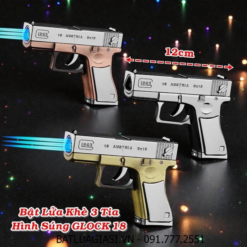 BẬT LỬA KHÈ 3 TIA HÌNH SÚNG GLOCK 18 (SIZE: 12CM) FULLBOX - (XÀI GAS)