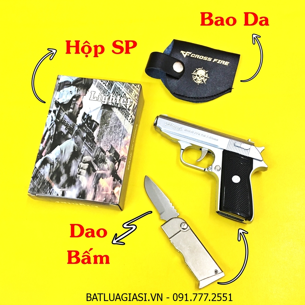 BẬT LỬA KHÈ HÌNH SÚNG M9 - 3IN1 CÓ BAO DA (BẬT LỬA, SÚNG, DAO BẤM) SIZE: 13CM - (XÀI GAS) #BẠC