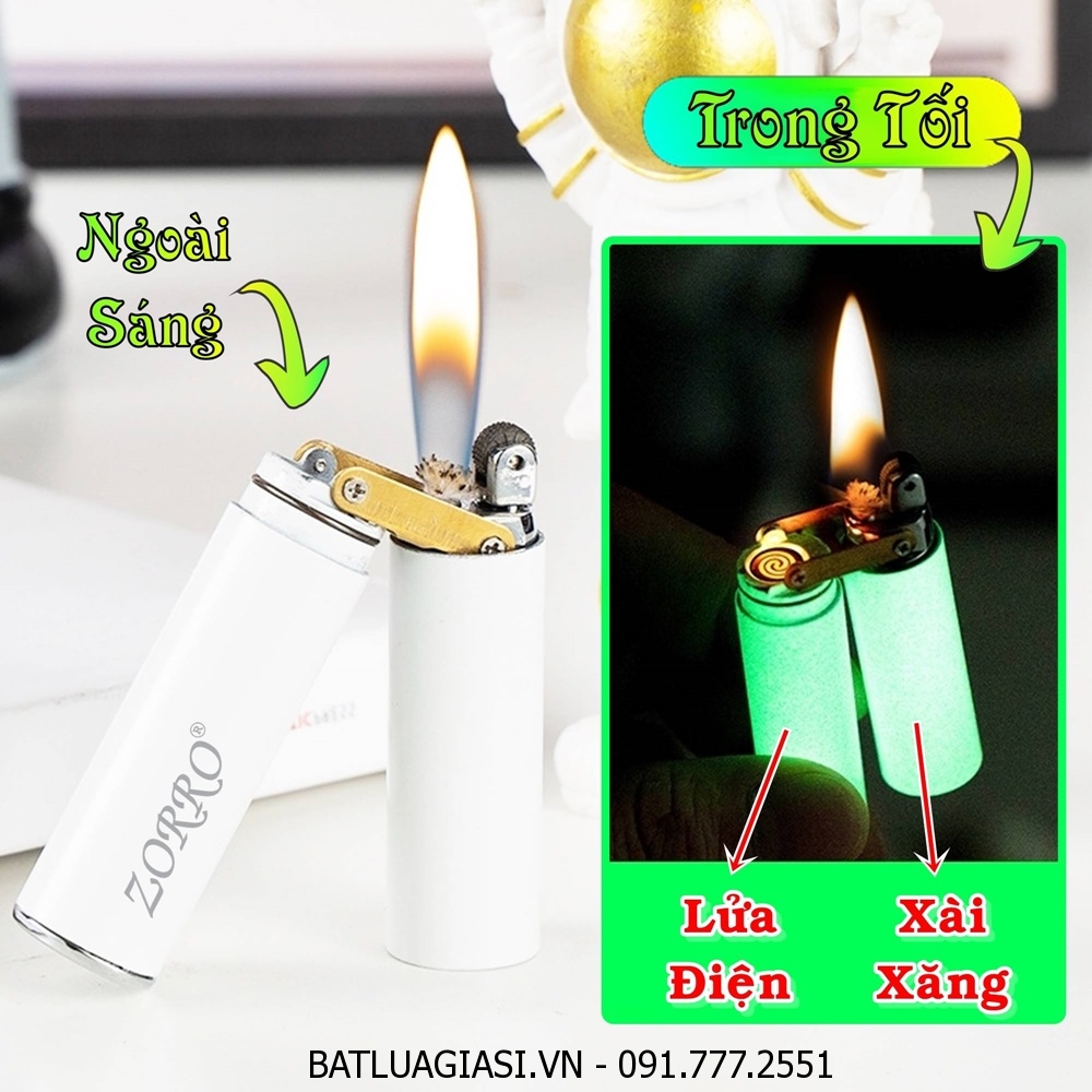 BẬT LỬA ZORRO CÔN NHỊ KHÚC 2 CHẾ ĐỘ LỬA (CHIẾT HOẢ TỬ + XĂNG ĐÁ) - DẠ QUANG HÚT ÁNH SÁNG (FULLBOX) - (SẠC ĐIỆN - XÀI XĂNG)