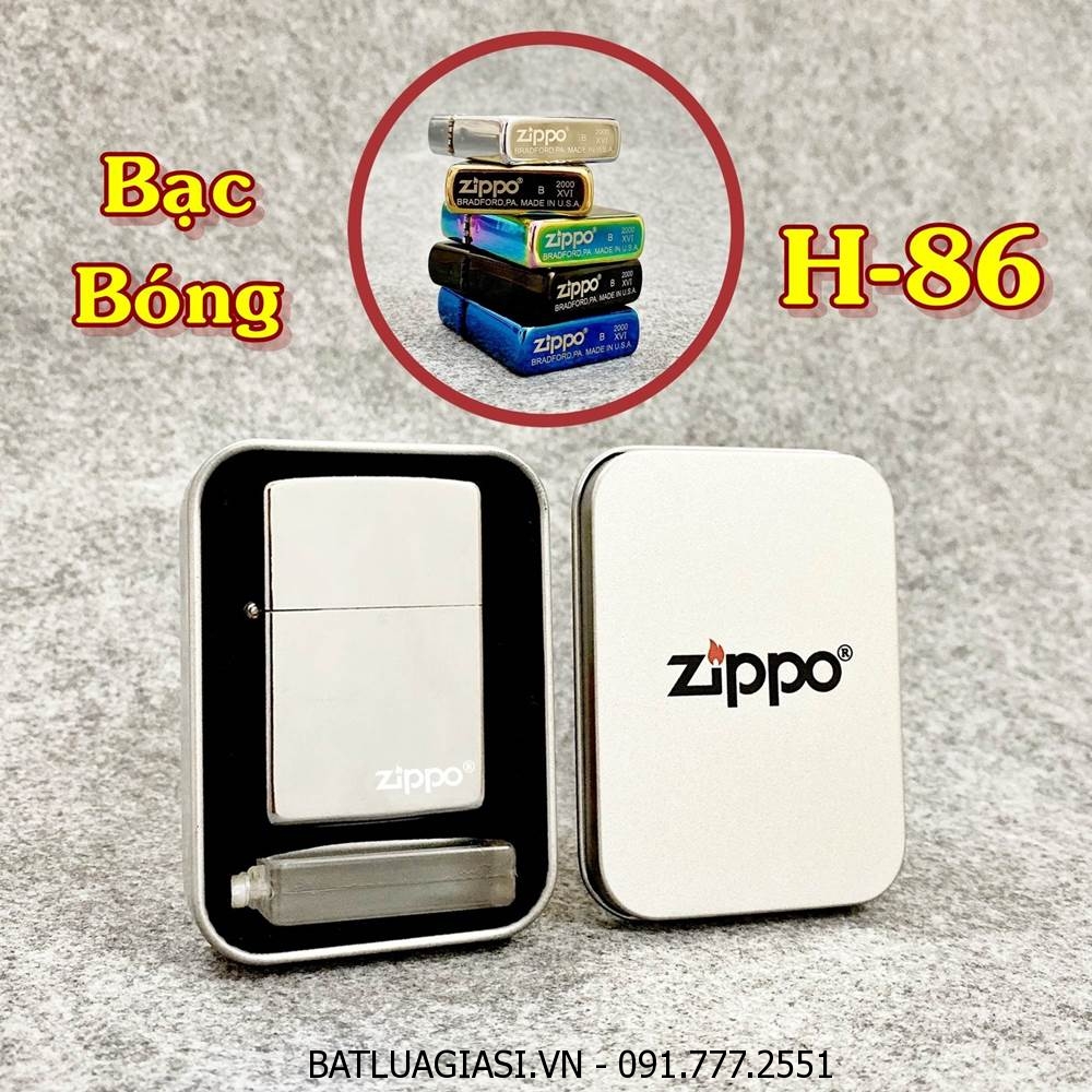 BẬT LỬA ZIPPO TRƠN BÓNG (CÓ MỘC ĐÁY) (HỘP THIẾC KÈM XĂNG) #BẠC BÓNG H-86