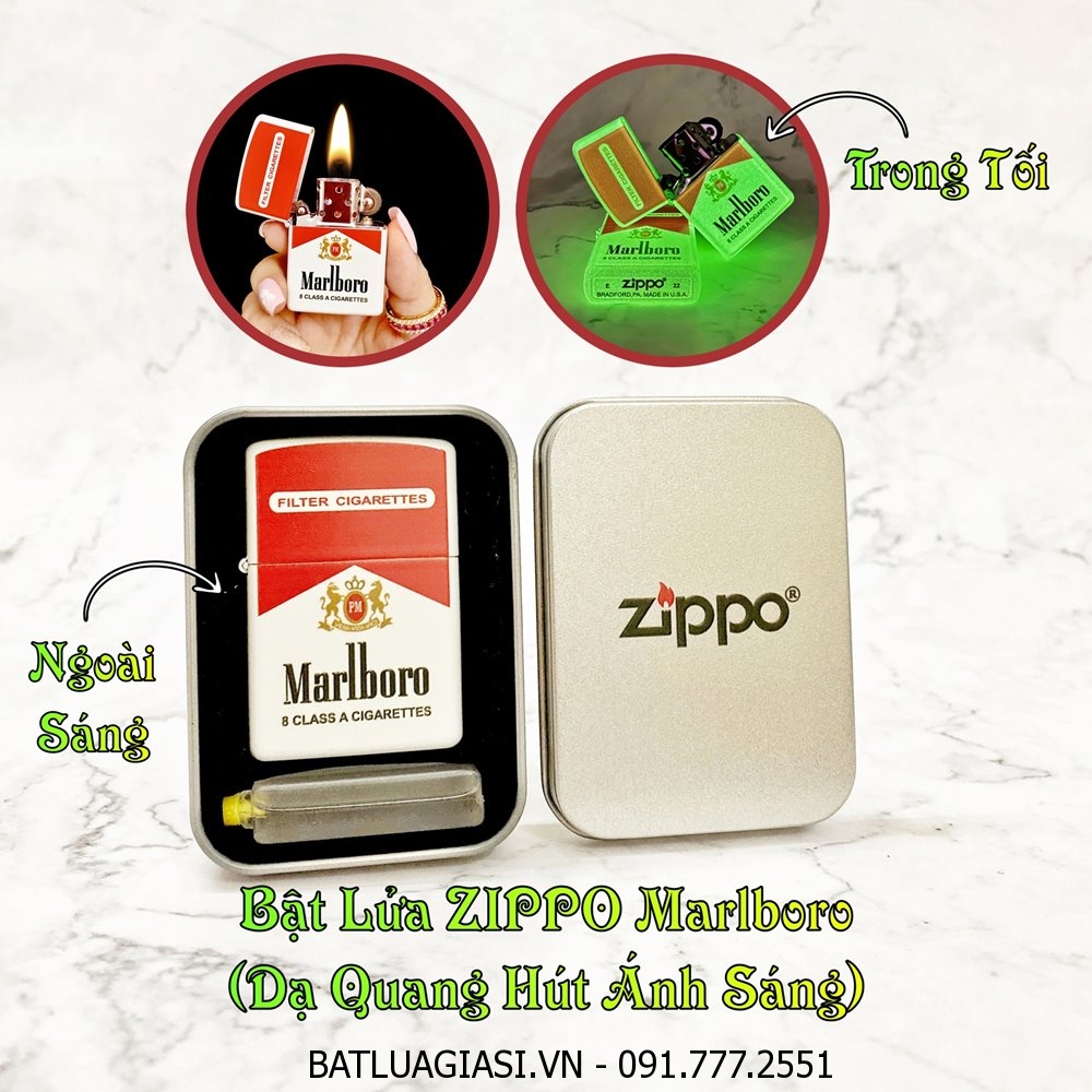 BẬT LỬA ZIPPO MARLBORO ĐỎ - DẠ QUANG HÚT ÁNH SÁNG (CÓ MỘC ĐÁY) - (HỘP THIẾC KÈM XĂNG)