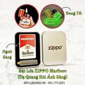 BẬT LỬA ZIPPO MARLBORO ĐỎ - DẠ QUANG HÚT ÁNH SÁNG (CÓ MỘC ĐÁY) - (HỘP THIẾC KÈM XĂNG)