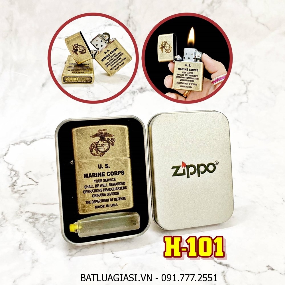 BẬT LỬA ZIPPO VÀNG CỔ U.S MARINE CORPS (THỦY QUÂN LỤC CHIẾN HOA KỲ) (CÓ MỘC ĐÁY) - (HỘP THIẾC KÈM XĂNG) H-101