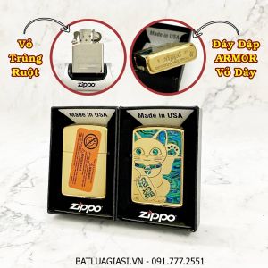 BẬT LỬA ZIPPO MỸ KHẢM XÀ CỪ HÌNH MÈO MAY MẮN (ZIPPO ARMOR VỎ DÀY) - RUỘT USA (CÓ TEM ĐỎ) - (XÀI XĂNG)