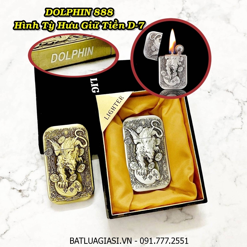 BẬT LỬA XĂNG ĐÁ 1 BÁNH XE DOLPHIN 888 HÌNH TỲ HƯU GIỮ TIỀN D-7 (CÓ HỘP) - (XÀI XĂNG)