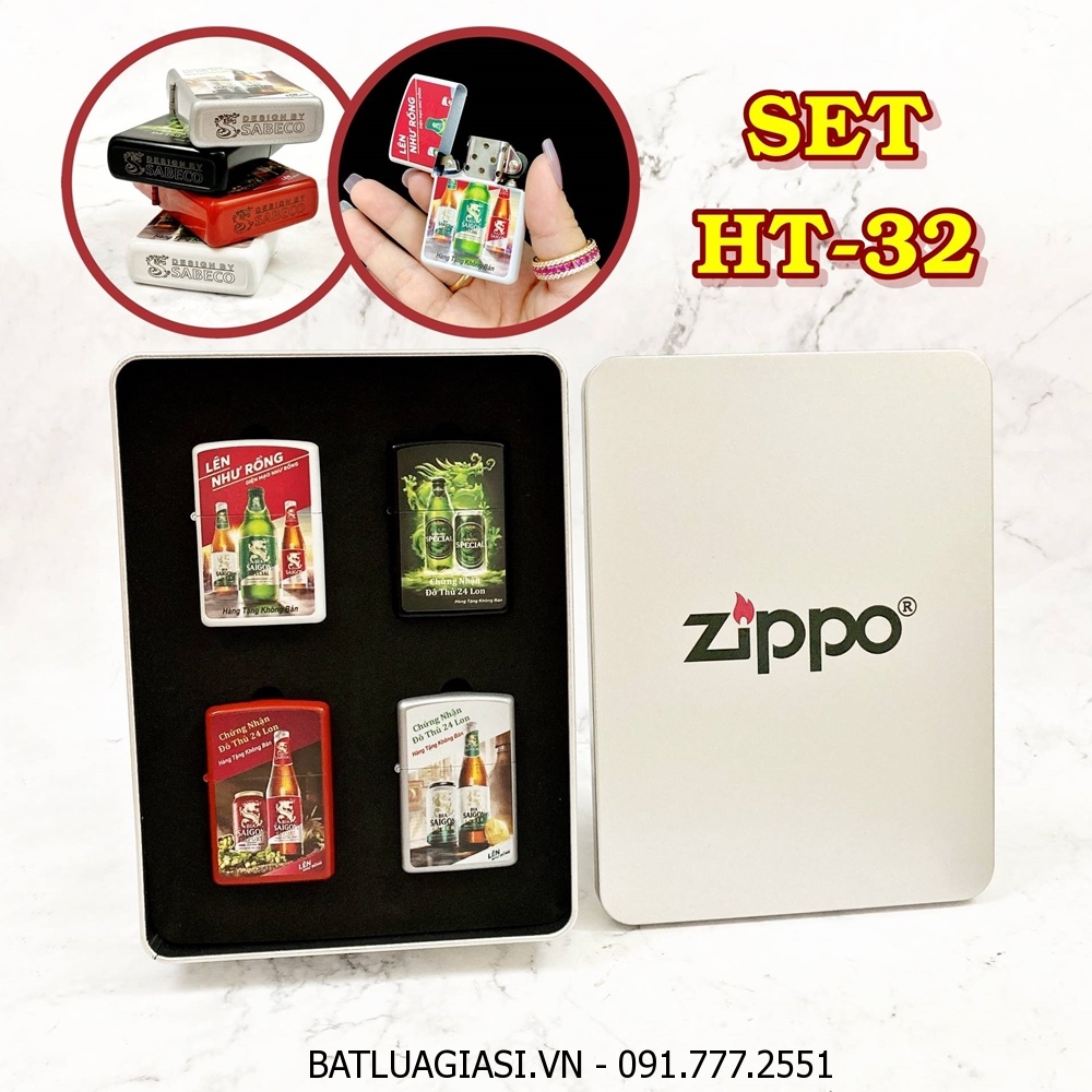 BỘ 4 BẬT LỬA ZIPPO 2 MẶT THƯƠNG HIỆU BIA SÀI GÒN LÊN NHƯ RỒNG CÁC KIỂU (SÀI GÒN EXPORT, SÀI GÒN LAGER, SÀI GÒN SPECIAL) (HỘP THIẾC) - (XÀI XĂNG) SET HT-32