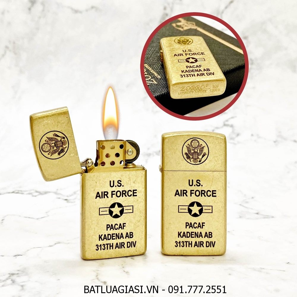 BẬT LỬA ZIPPO SLIM ZORRO - VÀNG CỔ U.S AIR FORCE (KHÔNG QUÂN MỸ) - RUỘT VÀNG (FULL BOX) - (XÀI XĂNG)