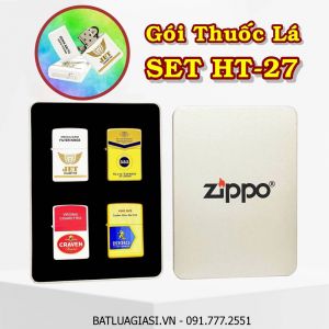 BỘ 4 BẬT LỬA ZIPPO SƠN TĨNH ĐIỆN 2 MẶT HÌNH GÓI THUỐC LÁ CÁC KIỂU "HERO - 555 - JET - CRAVEN" (HỘP THIẾC) - (XÀI XĂNG) SET HT-27