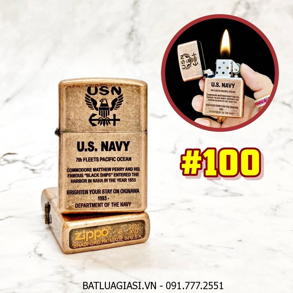 BẬT LỬA ZIPPO ĐỒNG CỔ U.S NAVY (HẢI QUÂN MỸ - HOA KỲ) (CÓ MỘC ĐÁY) - (XÀI XĂNG) #100