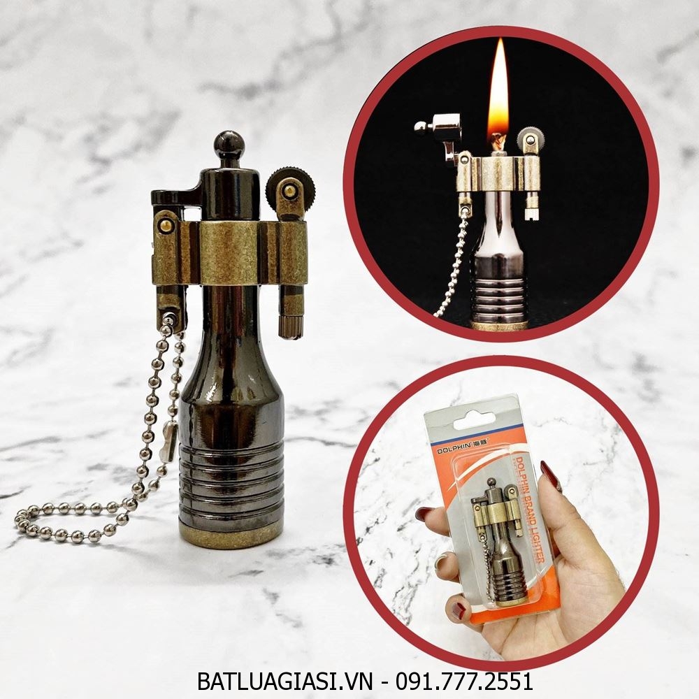 BẬT LỬA MÓC KHÓA DOLPHIN XĂNG ĐÁ CỔ HÌNH CHAI RƯỢU (KIM LOẠI) - (XÀI XĂNG)