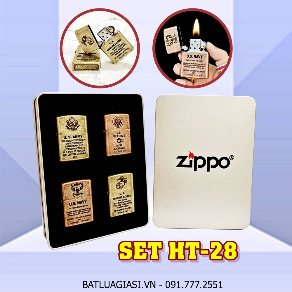 BỘ 4 BÂT LỬA ZIPPO VÀNG CỔ - ĐỒNG CỔ LOGO U.S CÁC KIỂU - (XÀI XĂNG) SET HT-28