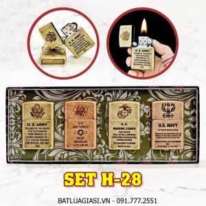BỘ 4 BÂT LỬA ZIPPO VÀNG CỔ - ĐỒNG CỔ LOGO U.S CÁC KIỂU - (XÀI XĂNG) SET H-28