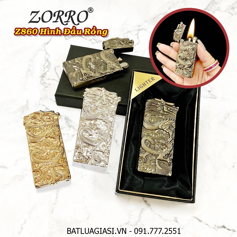 BẬT LỬA XĂNG ĐÁ ZORRO Z860 HÌNH ĐẦU RỒNG (CÓ HỘP) - (XÀI XĂNG)