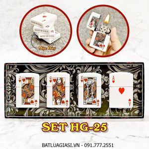 BỘ 4 BẬT LỬA ZIPPO 2 MẶT HÌNH LÁ BÀI "BỒI - ĐẦM - GIÀ - ÁT CƠ" (FULLBOX) - (XÀI XĂNG) SET HG-25