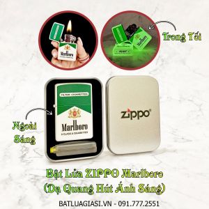 BẬT LỬA ZIPPO MARLBORO XANH - DẠ QUANG HÚT ÁNH SÁNG (CÓ MỘC ĐÁY) - (HỘP THIẾC KÈM XĂNG)