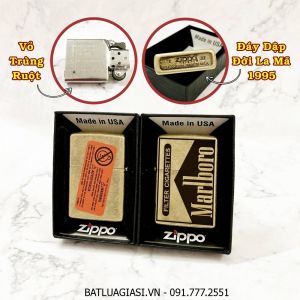BẬT LỬA ZIPPO MỸ VÀNG CỔ LOGO MARLBORO MẪU 2 - ĐỜI LA MÃ 1995 - RUỘT USA (CÓ TEM ĐỎ) - (XÀI XĂNG) #VÀNG CỔ