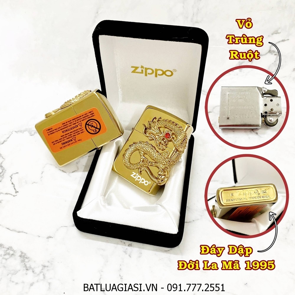 BẬT LỬA ZIPPO MỸ HÌNH RỒNG NỔI CẨN NGỌC - ĐỜI LA MÃ 1995 - RUỘT USA (CÓ TEM ĐỎ) - (XÀI XĂNG) #VÀNG